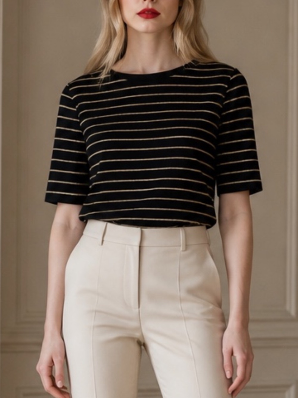 Charter Club Black Top with Gold Metallic Stripes | Short Sleeve | Small
